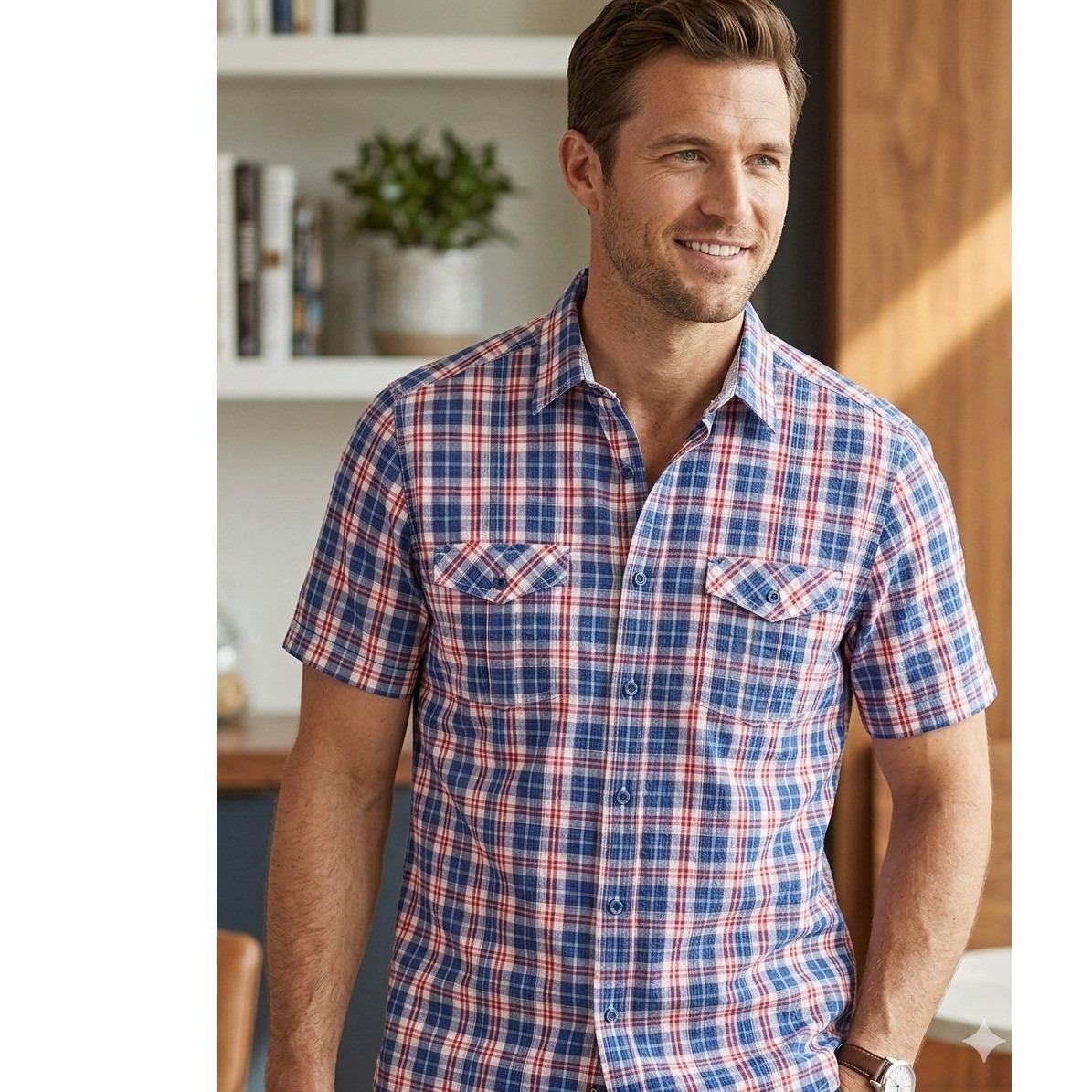 Johnston & Murphy Plaid Short Sleeve Button Up Shirt Men Large Cotton Seersucker
